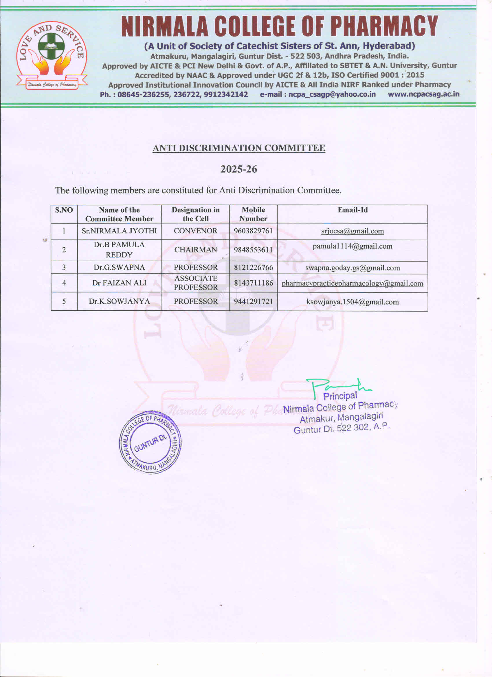 Anti Discrimination Cell - Nirmala College of Pharmacy